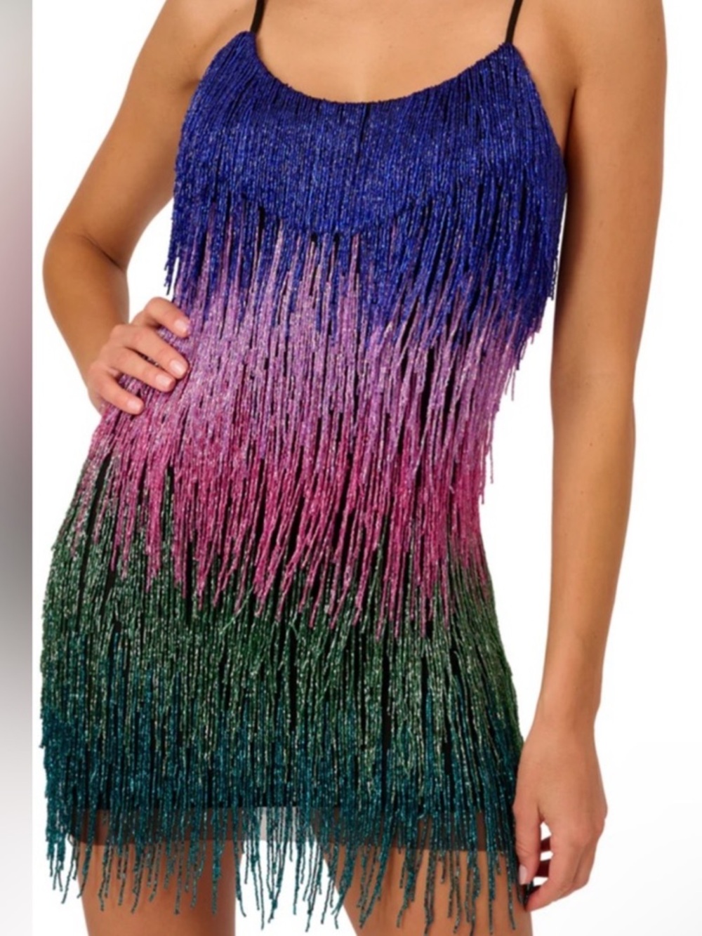 Ombre Fringe Mini Dress in Blue, Pink & Green